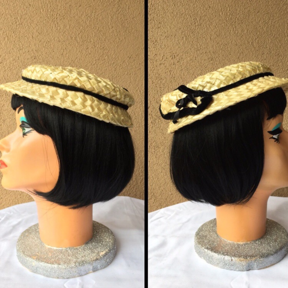 1950s Straw Hat Velvet Trim